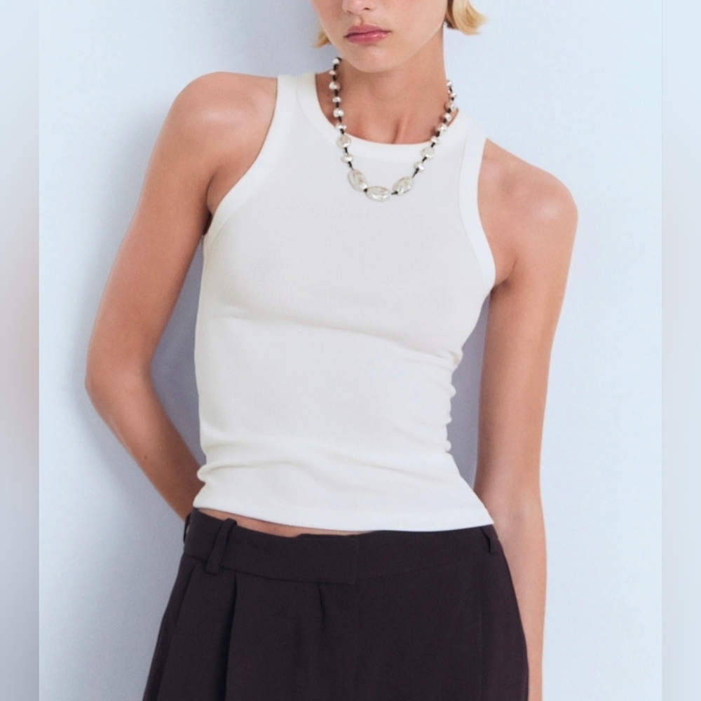 Zara White Ribbed Tank Top Size S